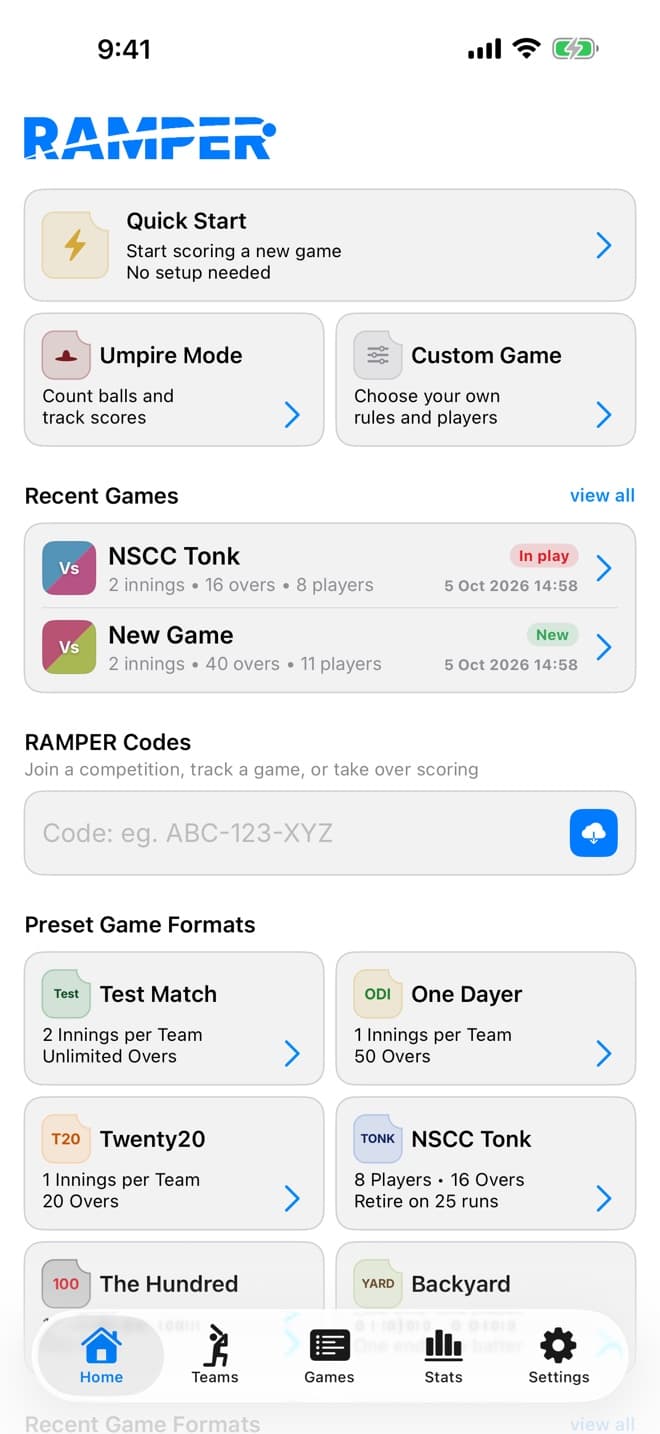 Home screen with Quick Start, recent games, RAMPER Code entry and preset formats