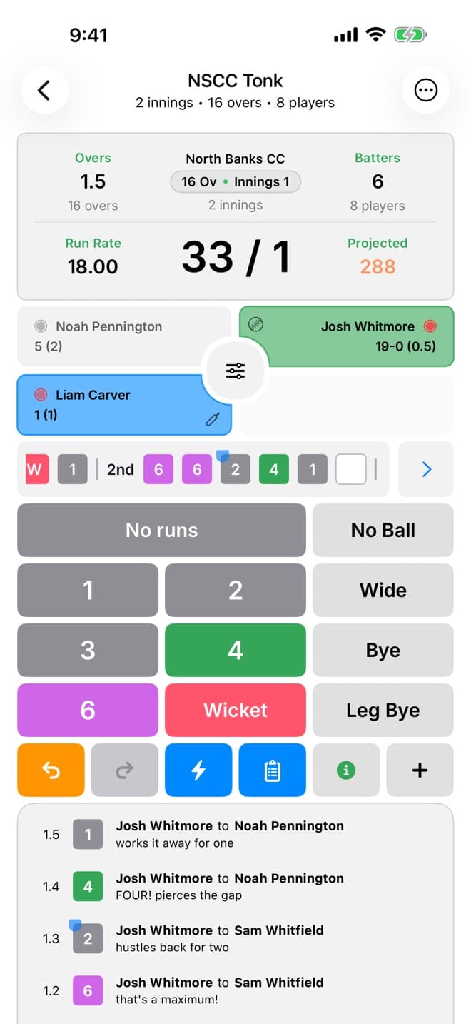 Scoring a Tonk game: score 33 for 1 after 1.5 overs, run and extras buttons, and ball-by-ball commentary